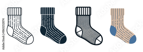Collection of four illustrated socks showing different graphic design styles including outline, silhouette, detailed knit texture, and flat color for apparel or clothing concepts