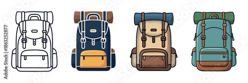 Set of four hiking backpack illustrations in different artistic styles, including a simple black outline, flat color, and a detailed textured version for adventure concepts