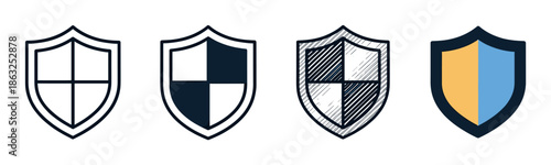 Set of four shield icons in various design styles including line art, solid fill, hand-drawn sketch, and flat color for security and protection concepts