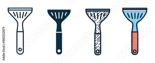 Set of four kitchen spatula icons in various design styles including simple line art, a solid silhouette, a textured sketch, and a full color vector illustration