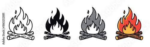 Set of four campfire icons showing different artistic styles including simple outline, solid black silhouette, hatched drawing, and a full color cartoon illustration of a bonfire