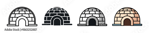 Set of four igloo icons in different styles including outline, silhouette, and color, representing a traditional arctic snow house shelter for winter themes