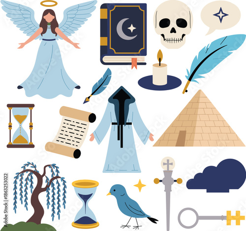 Collection of mystical and historical symbols including an angel pyramid and ancient book Keywords: angel, pyramid, ancient book, skull, hourglass