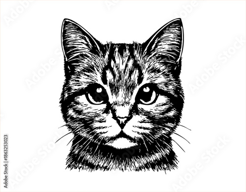 This masterfully detailed tabby cat portrait is rendered in a classic, high-contrast ink engraving style. The illustration features the expressive face of a domestic shorthair, capturing intricate fur