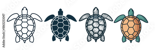 Set of four sea turtle icons showing various artistic styles like outline, solid silhouette, hand-drawn sketch, and flat color for marine wildlife and conservation themes