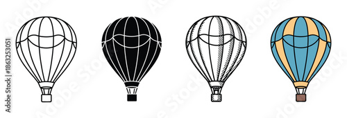 Hot air balloon vector icon set in various styles including simple outline, solid silhouette, hand-drawn doodle, and colorful flat design for travel and adventure themes