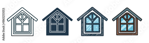 Set of four house-shaped window icons in various artistic styles including simple line art, a dark silhouette, a hand-drawn doodle with sparkles, and a full color cartoon