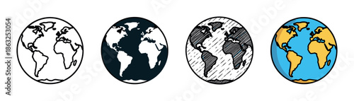 Set of four planet Earth illustrations in a hand-drawn doodle style, showing various artistic interpretations like line art, solid fill, hatching, and a full-color version