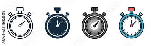 Stopwatch timer icon collection featuring four unique graphic illustrations, from a minimalist outline and a bold silhouette to a detailed hand-drawn sketch and a vibrant colored version