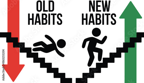 person forming new habits by leaving old ones behind and moving upwards on a staircase, a premium ranked vector concept representing transformation, positive change, goal achievement, and lifestyle 