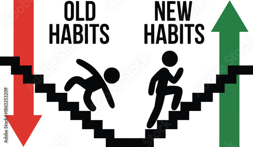 person forming new habits by leaving old ones behind and moving upwards on a staircase, a top ranked illustration symbolizing personal growth, self-improvement, motivation, and step-by-step success