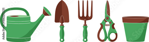 Set of 5 gardening tools flat illustration watering can hand trowel hand fork pruning shears and plant pot