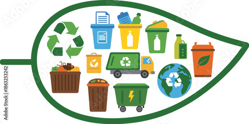 Eco friendly recycling concept with leaf shape and various bins and globe environment sustainability