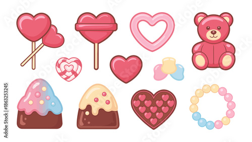 Sweet Harmony: An array of delightful sweets in a captivating assortment, celebrating the essence of love and joy with an enchanting display of colorful candies and a charming teddy bear.