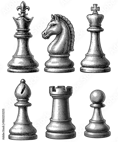 This vintage chess piece collection features a complete set of six classic Staunton-style figures, including the King, Queen, Knight, Bishop, Rook, and Pawn. Rendered in a sophisticated engraving or w