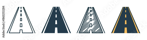 Set of four stylized road icons showing a straight path with a vanishing point perspective, illustrated in various graphic styles including outline, solid fill, sketch, and color