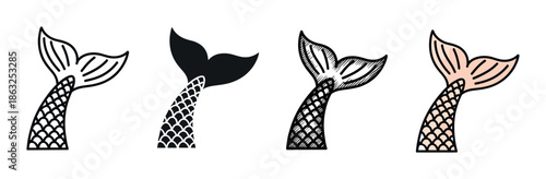 Collection of four hand-drawn mermaid tails with scales and fins, showcasing different artistic styles including outline, silhouette, hatching, and simple color fill