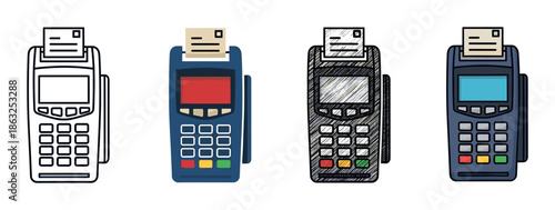 Set of four POS terminal machine illustrations in various artistic styles including line art, flat color, and a hand-drawn sketch for financial transaction concepts
