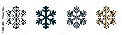 Set of four snowflake icons in different styles including outline, solid fill, hatched, and gold for winter holiday decoration and design elements