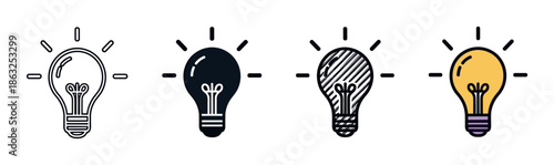 Set of four light bulb icons representing ideas and innovation, shown in various graphic styles including outline, silhouette, hand-drawn sketch, and a simple color version