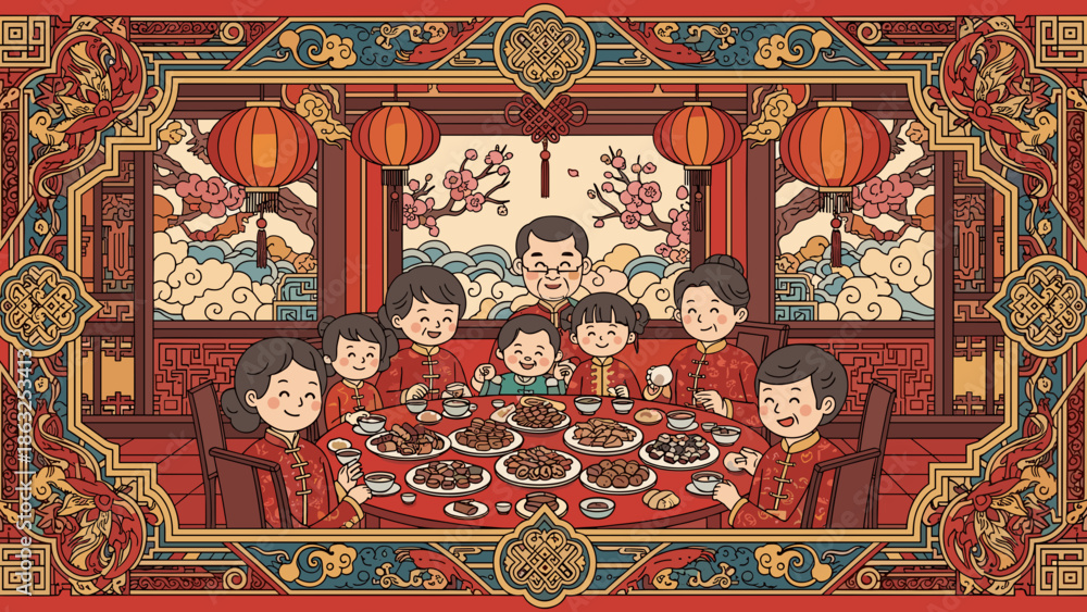 Obraz premium Lunar new year, of an elaborate family reunion dinner scene, rich with traditional decorations, lanterns, and a joyous multi-generational gathering.
