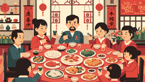 Lunar new year, of a multi-generational family enjoying a rich reunion dinner with traditional dishes and festive decorations in a cozy setting.