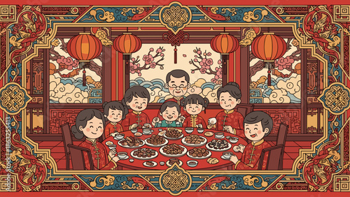 Lunar new year, of an elaborate family reunion dinner scene, rich with traditional decorations, lanterns, and a joyous multi-generational gathering.