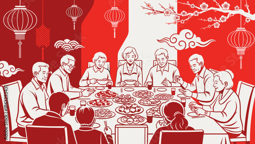 Lunar new year, of a multi-generational family reunion dinner, presented in a traditional monochromatic red and white outline style.