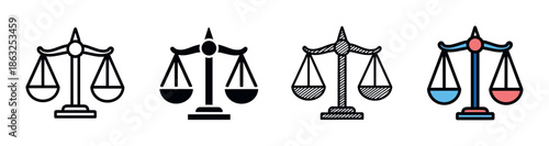 Set of four scales of justice icons in different graphic styles including line art, solid silhouette, hatched sketch, and color fill for legal or judicial concepts
