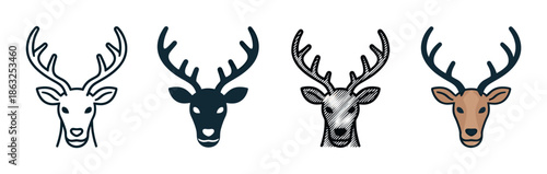 Set of four deer head icons with antlers presented in different graphic styles including simple line art, a solid silhouette, a hand-drawn sketch, and a full color version