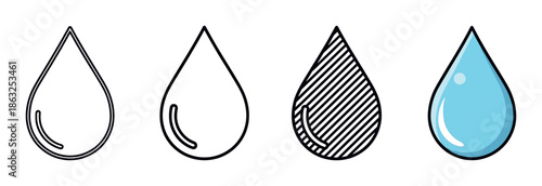 Set of four water drop icons showing different design styles including simple outline, bold line art, a hatched pattern, and a full color blue cartoon droplet illustration