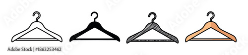 Set of four clothes hanger illustrations in different artistic styles, including a simple outline, a solid black silhouette, a hand-drawn sketch, and a colored wooden design