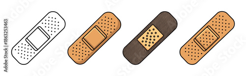 Set of adhesive bandage plaster icons for first aid, showing different vector styles including outline, color fill, and texture for medical and healthcare concepts