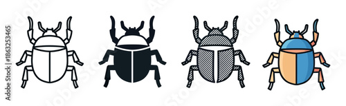 Four stag beetle icons in different styles including line art, silhouette, hatched pattern, and full color vector illustration for graphic design elements