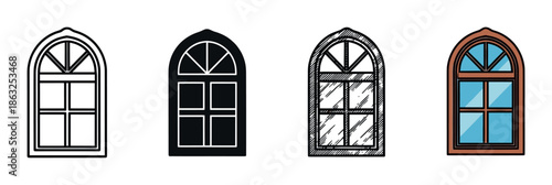Four arched window icons presented in a collection of diverse graphic styles, from simple line art and solid glyph to hand-drawn sketch and full-color cartoon illustration