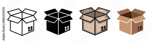 Set of four open cardboard box icons in different graphic styles including outline, silhouette, hand-drawn sketch, and flat vector design for logistics and packaging