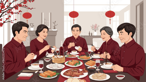 Lunar new year, of a family with grandparents enjoying a traditional reunion dinner with diverse dishes in a contemporary home setting.