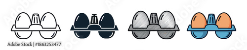 Set of four egg carton icons with two eggs, presented in various graphic styles including simple outline, solid glyph, hatched sketch, and a full color flat design