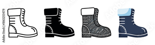 Set of four winter boot icons showing different illustration styles including line art, silhouette, hand-drawn sketch, and simple flat color vector graphic for design elements