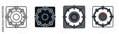 Set of four gas stove burner icons in various graphic styles including outline, glyph, sketch, and colored flat design for kitchen appliance and cooking themes