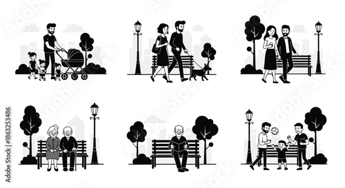 Families enjoying a leisurely stroll and relaxing moments in the park