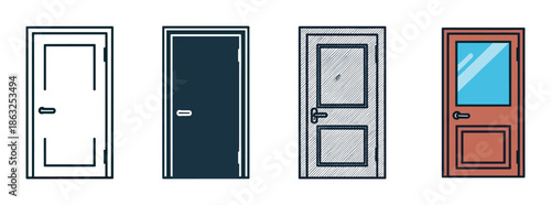 Set of four different illustrated door icons in various graphic styles including outline, silhouette, sketch, and color for architectural or conceptual design elements