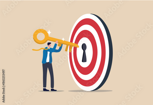 Key to success and achieve business target, KPI, career achievement or secret for success in work concept, businessman putting golden key into bullseye target key hold to unlock business success.