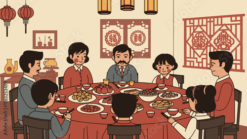 Lunar new year, of a multi-generational family reunion dinner, sharing a festive meal in a home adorned with traditional patterns and decor.