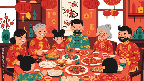 Lunar new year, of a multi-generational family reunion dinner, with traditionally dressed members enjoying a festive feast under lanterns.