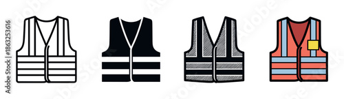 Set of four safety vest icons in different graphic styles, including a simple line art, a solid glyph, a detailed monochrome, and a colored high-visibility jacket