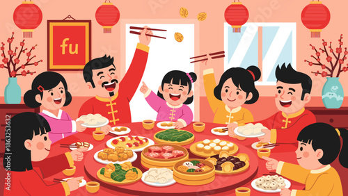 Lunar new year, of a joyous multi-generational family reunion dinner, with happy children and adults raising chopsticks in celebration.