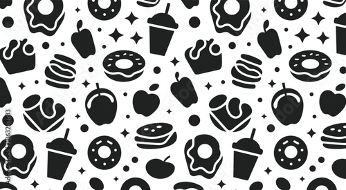 Seamless pattern of black and white food icons including donuts cupcakes and drinks vector illustration