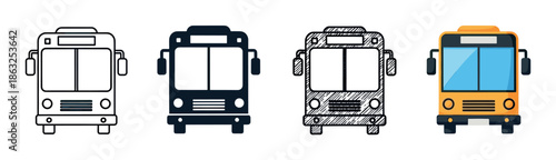 Set of four bus icons presented in various artistic styles, including simple outline, solid silhouette, hand-drawn sketch, and a vibrant flat color vector illustration