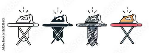 Set of four iron and ironing board icons in different design styles including outline, solid glyph, hand-drawn sketch, and simple color for laundry service concepts